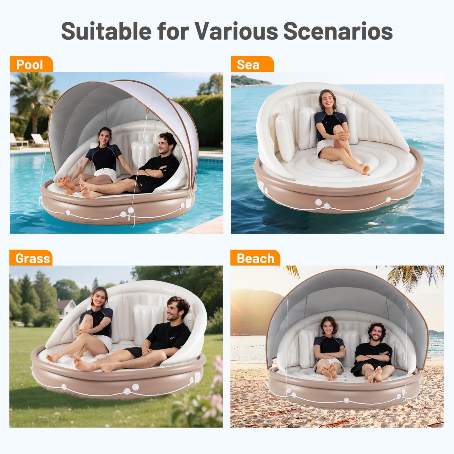Inflatable Canopy Island Tanning Pool Lounger Float With Retractable Canopy, Tan