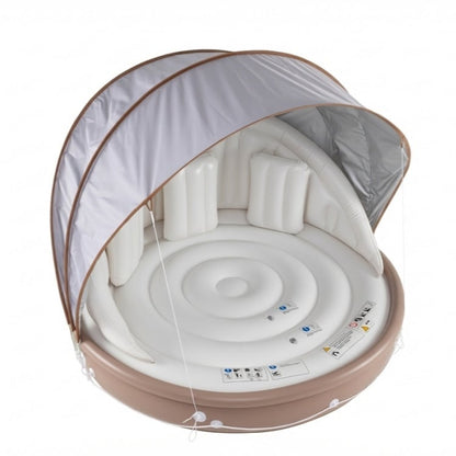 Inflatable Canopy Island Tanning Pool Lounger Float With Retractable Canopy, Tan