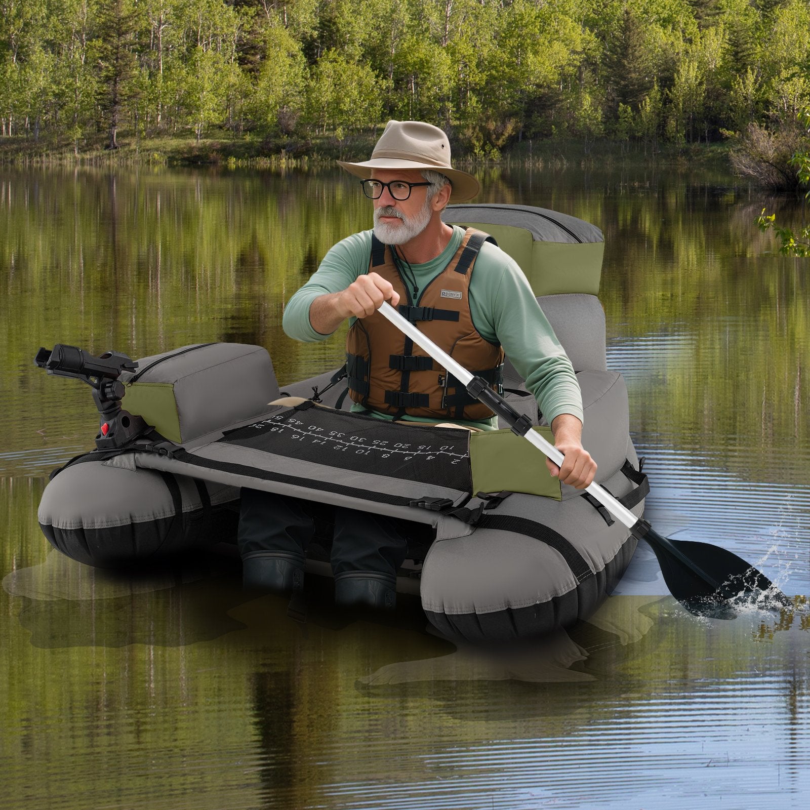 Inflatable Fishing Float Tube with Shoulder Straps and Storage for Angling, Green Water Sports at Gallery Canada