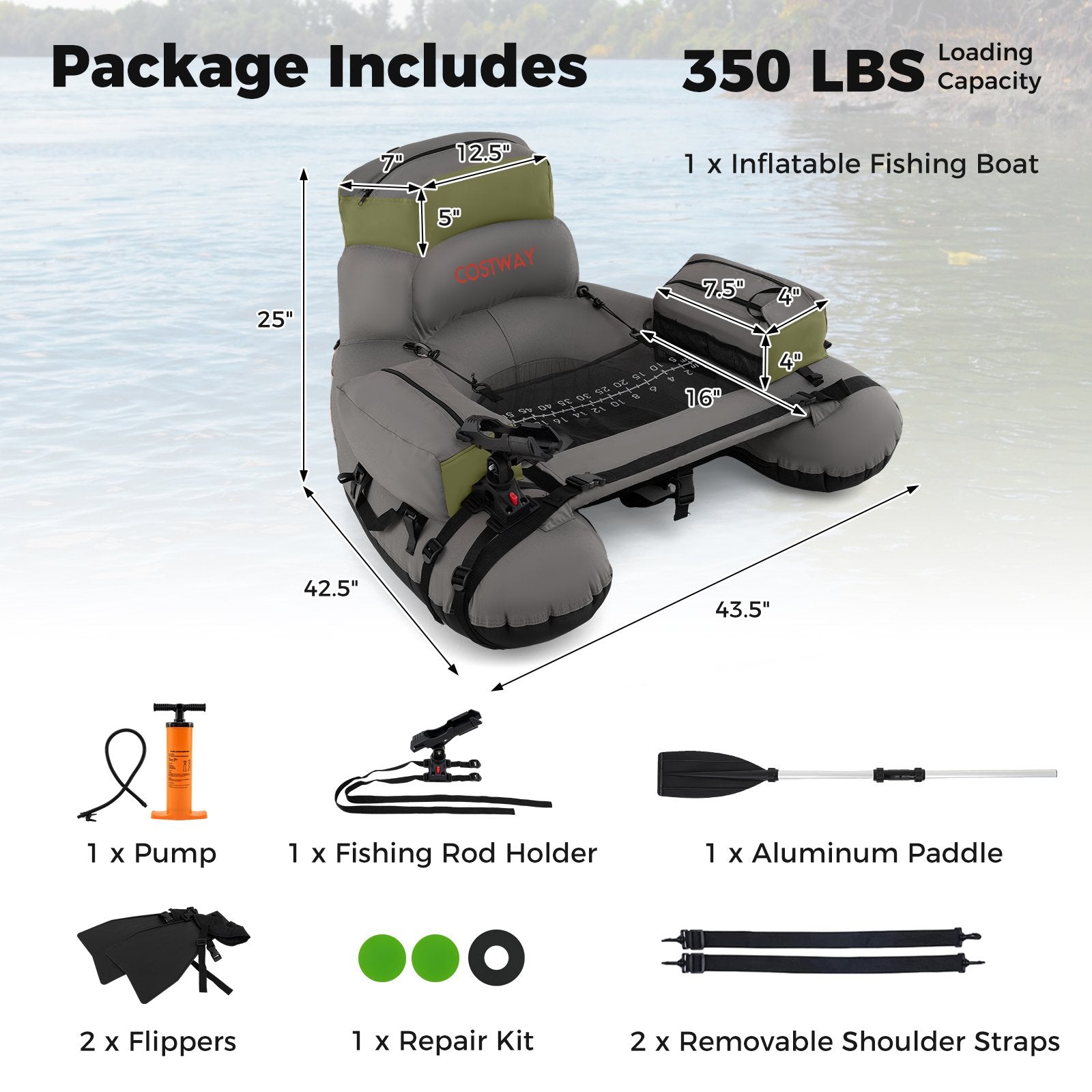 Inflatable Fishing Float Tube with Shoulder Straps and Storage for Angling, Green Water Sports at Gallery Canada