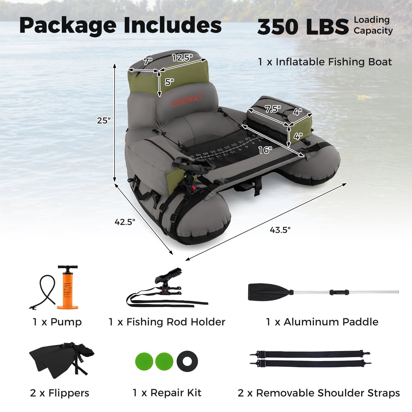 Inflatable Fishing Float Tube with Shoulder Straps and Storage for Angling, Green Water Sports at Gallery Canada