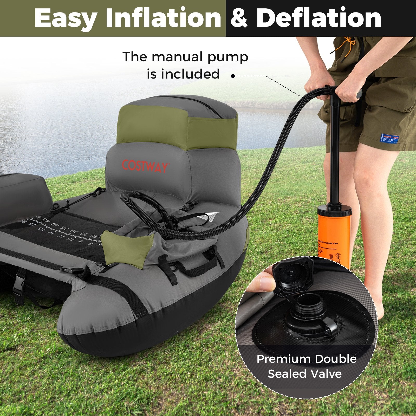 Inflatable Fishing Float Tube with Shoulder Straps and Storage for Angling, Green Water Sports at Gallery Canada
