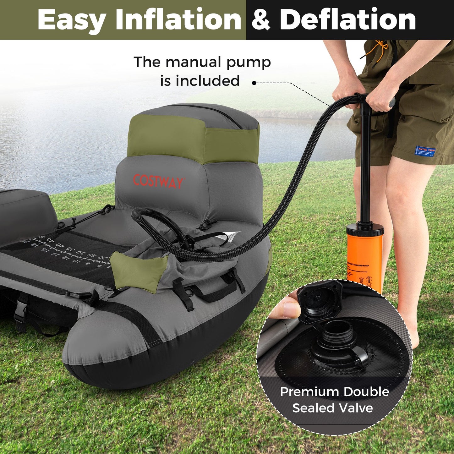 Inflatable Fishing Float Tube with Shoulder Straps and Storage for Angling, Green Water Sports at Gallery Canada