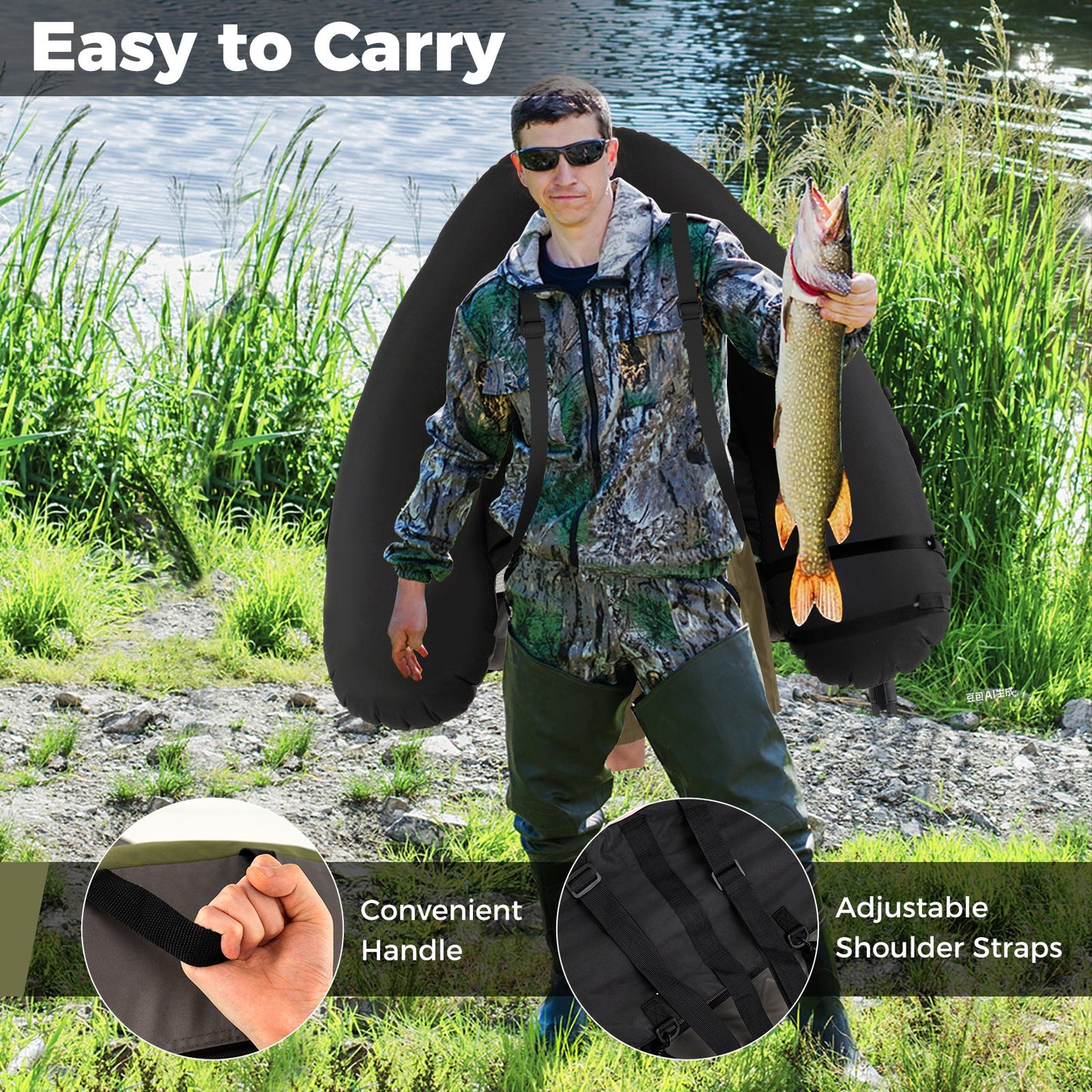 Inflatable Fishing Float Tube with Shoulder Straps and Storage for Angling, Green Water Sports at Gallery Canada