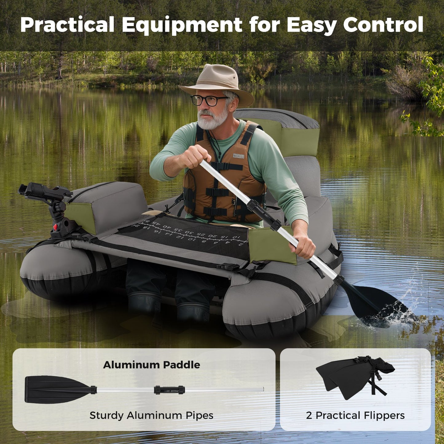 Inflatable Fishing Float Tube with Shoulder Straps and Storage for Angling, Green Water Sports at Gallery Canada