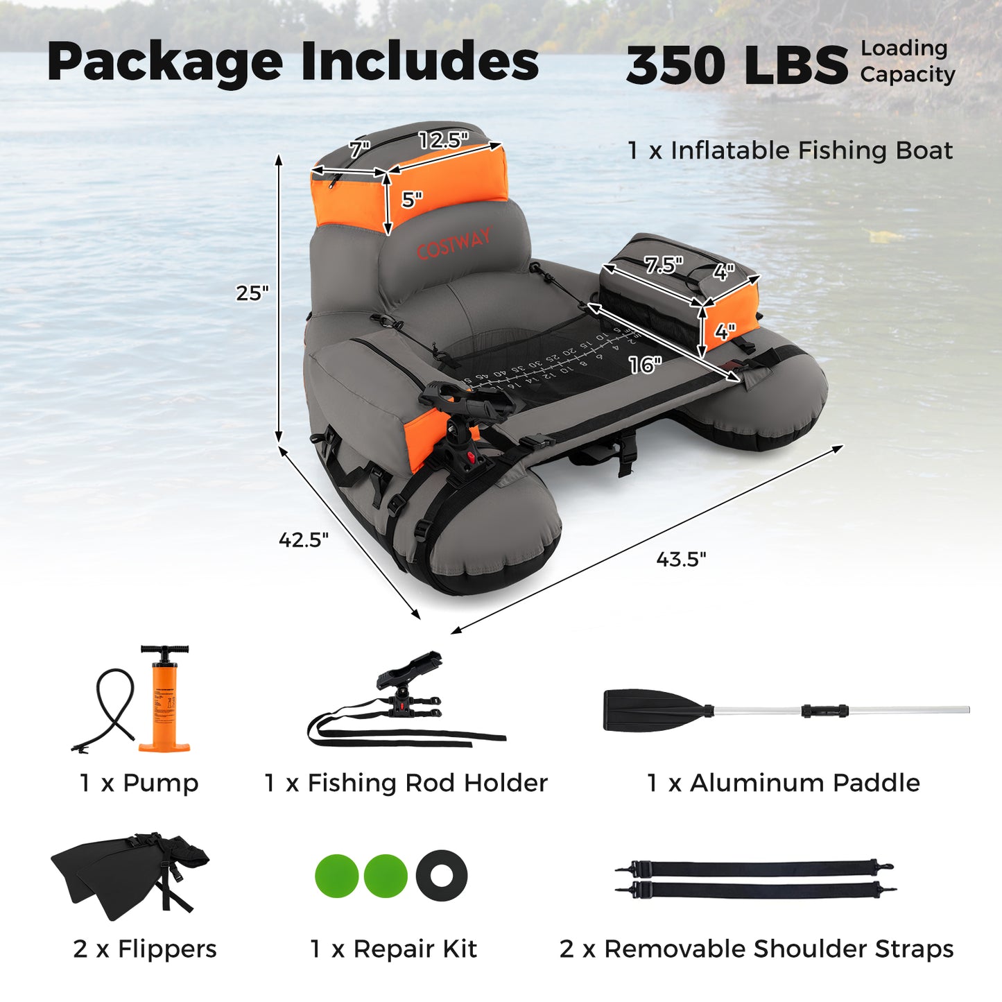 Inflatable Fishing Float Tube with Shoulder Straps and Storage for Angling, Orange Water Sports at Gallery Canada