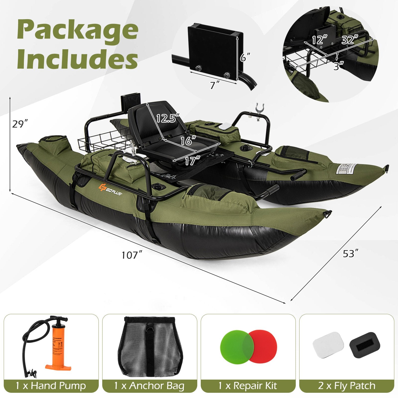 Inflatable Fishing Float Tube with Foldable Padded Seat and Adjustable Footrest, Green Water Sports at Gallery Canada