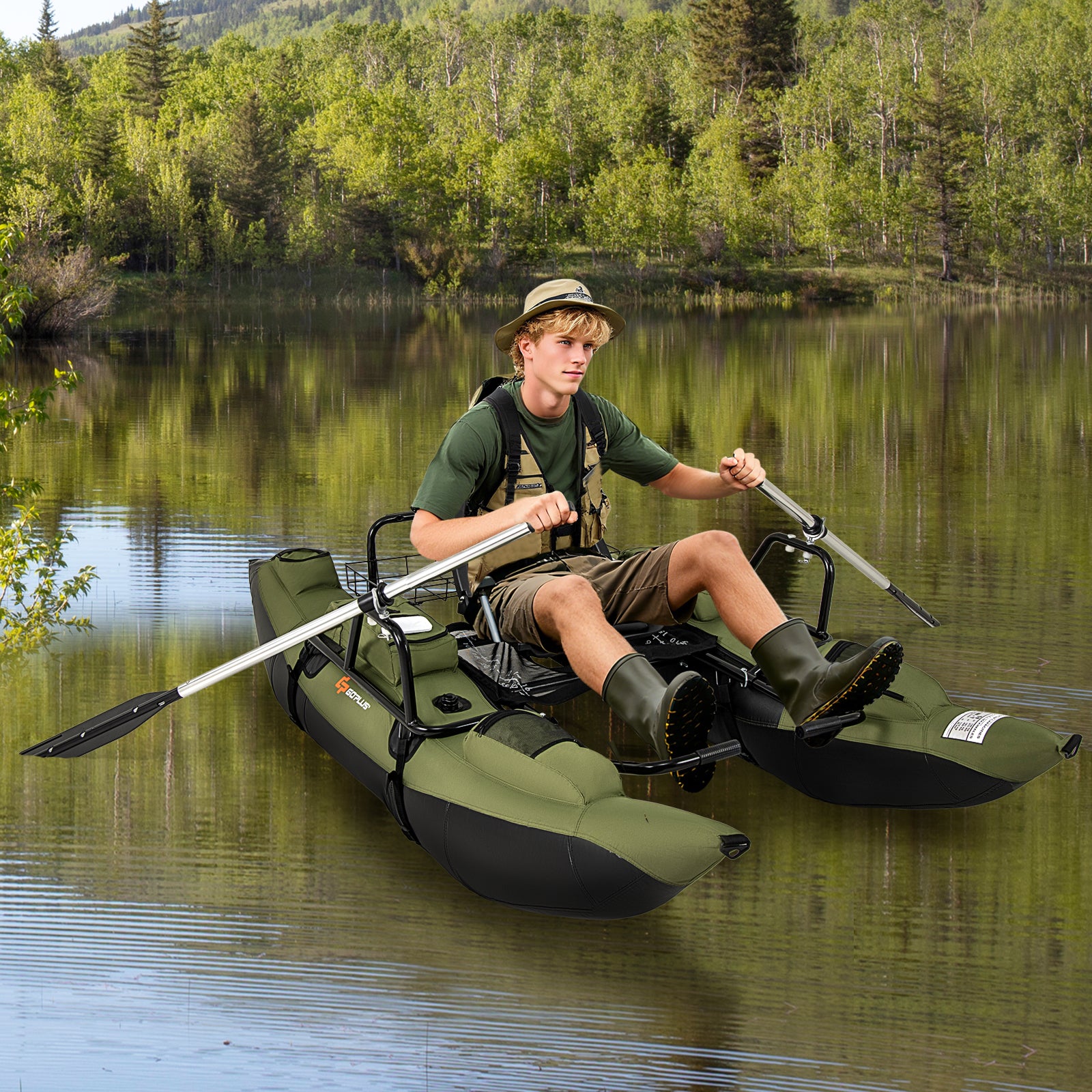 Inflatable Fishing Float Tube, Foldable Padded Seat, Adjustable Footrest, Green Water Sports at Gallery Canada