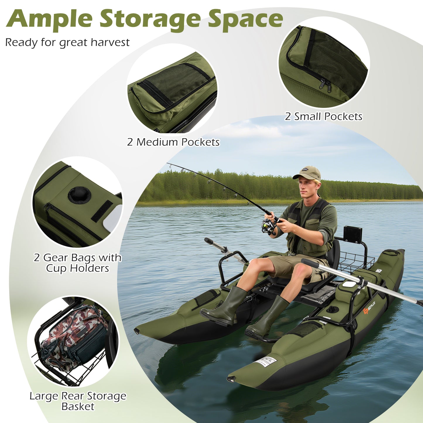 Inflatable Fishing Float Tube, Foldable Padded Seat, Adjustable Footrest, Green Water Sports at Gallery Canada