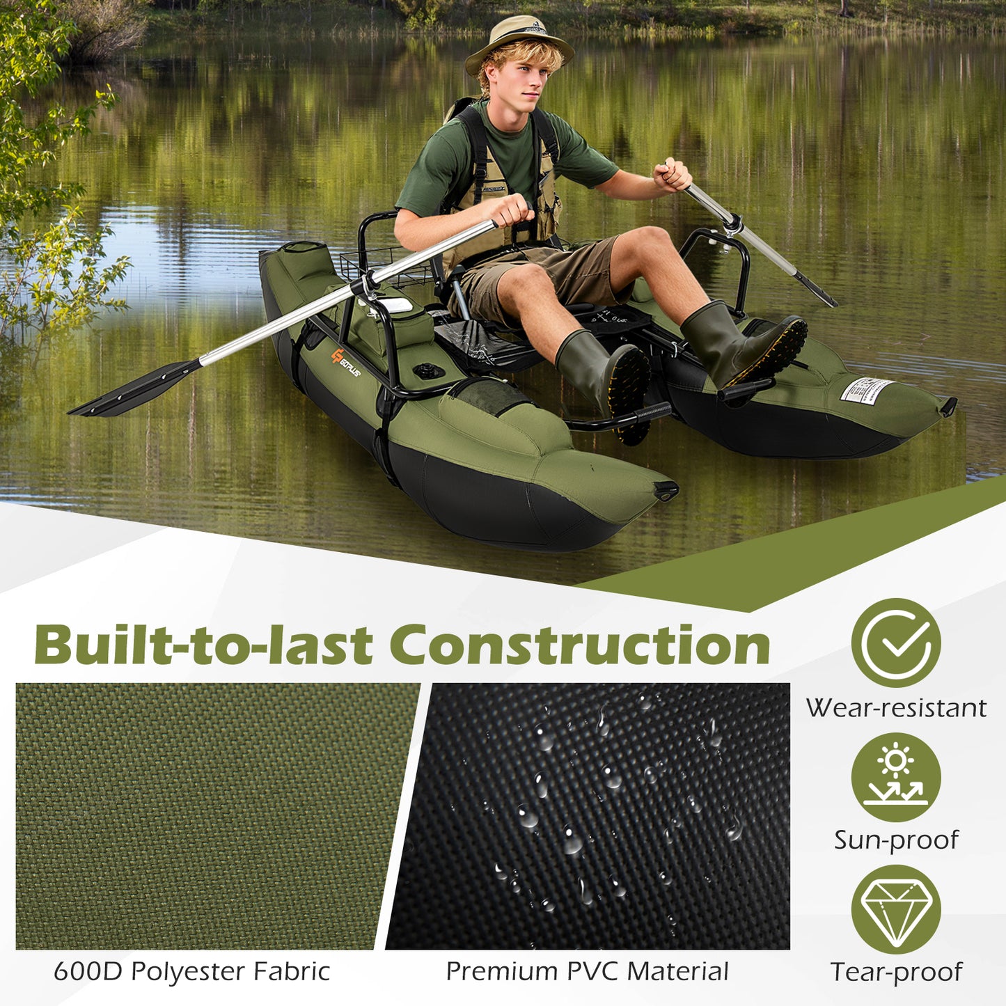 Inflatable Fishing Float Tube, Foldable Padded Seat, Adjustable Footrest, Green Water Sports at Gallery Canada