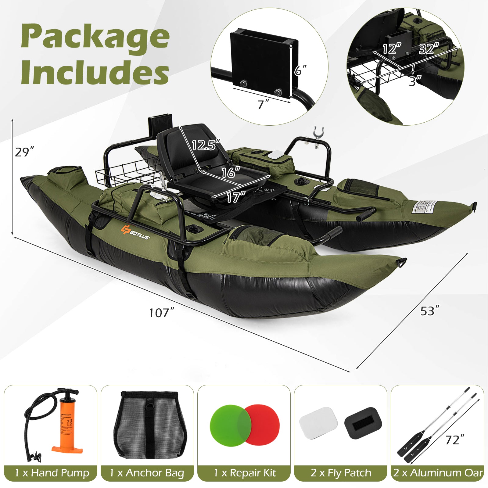 Inflatable Fishing Float Tube, Foldable Padded Seat, Adjustable Footrest, Green Water Sports at Gallery Canada