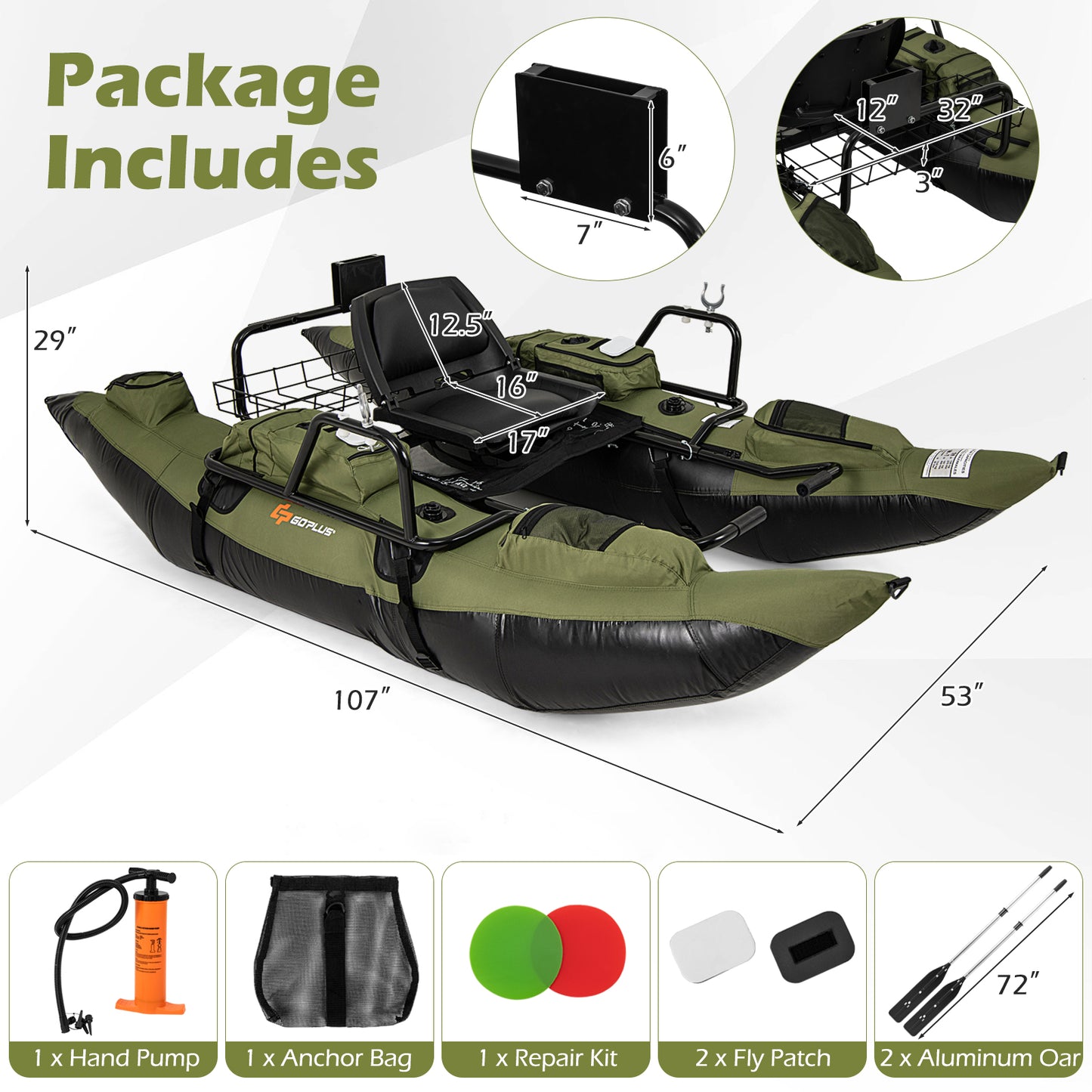 Inflatable Fishing Float Tube, Foldable Padded Seat, Adjustable Footrest, Green Water Sports at Gallery Canada