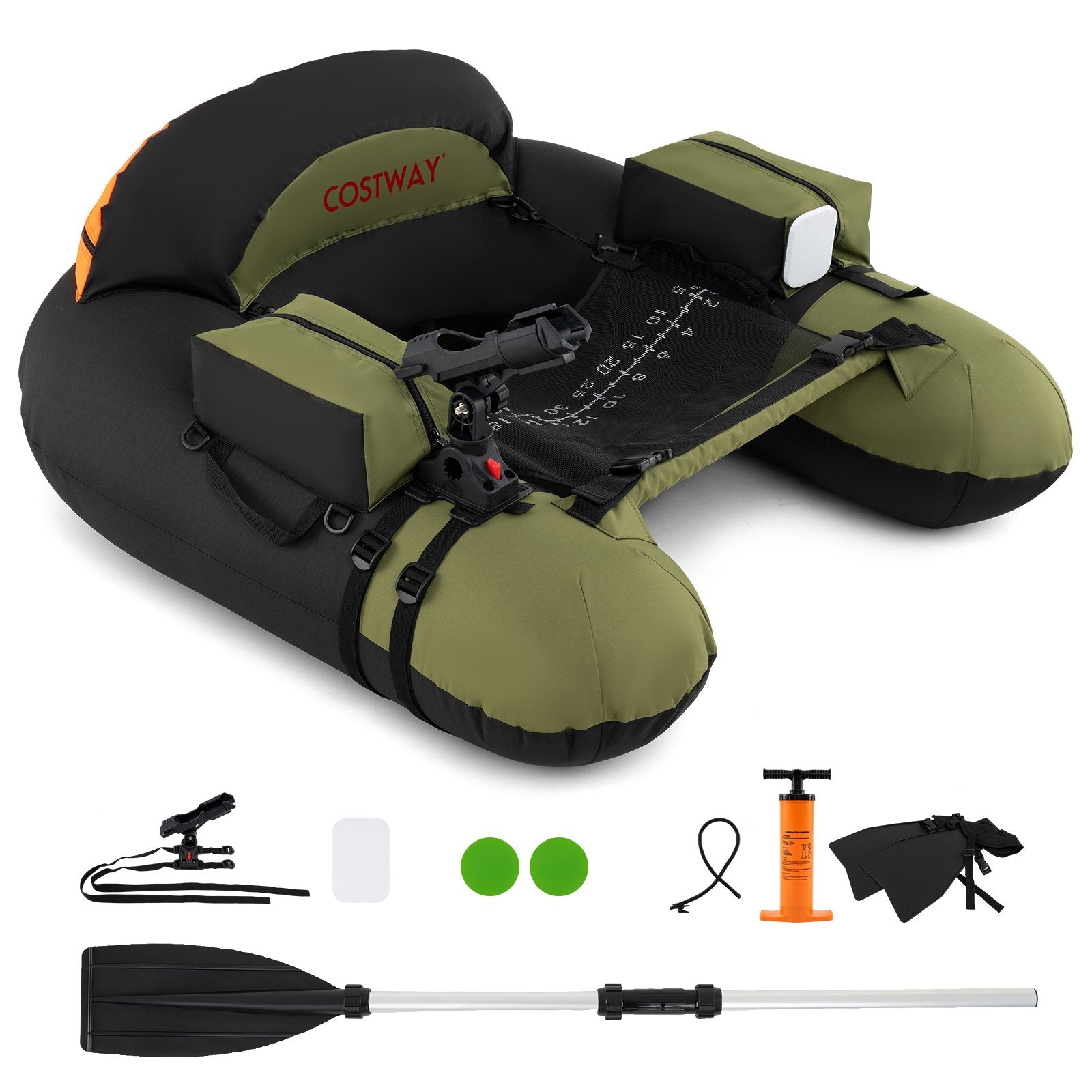 Inflatable Float Tube with Adjustable Fishing Rod Holder and Fish Hook Stator, Green Water Sports at Gallery Canada