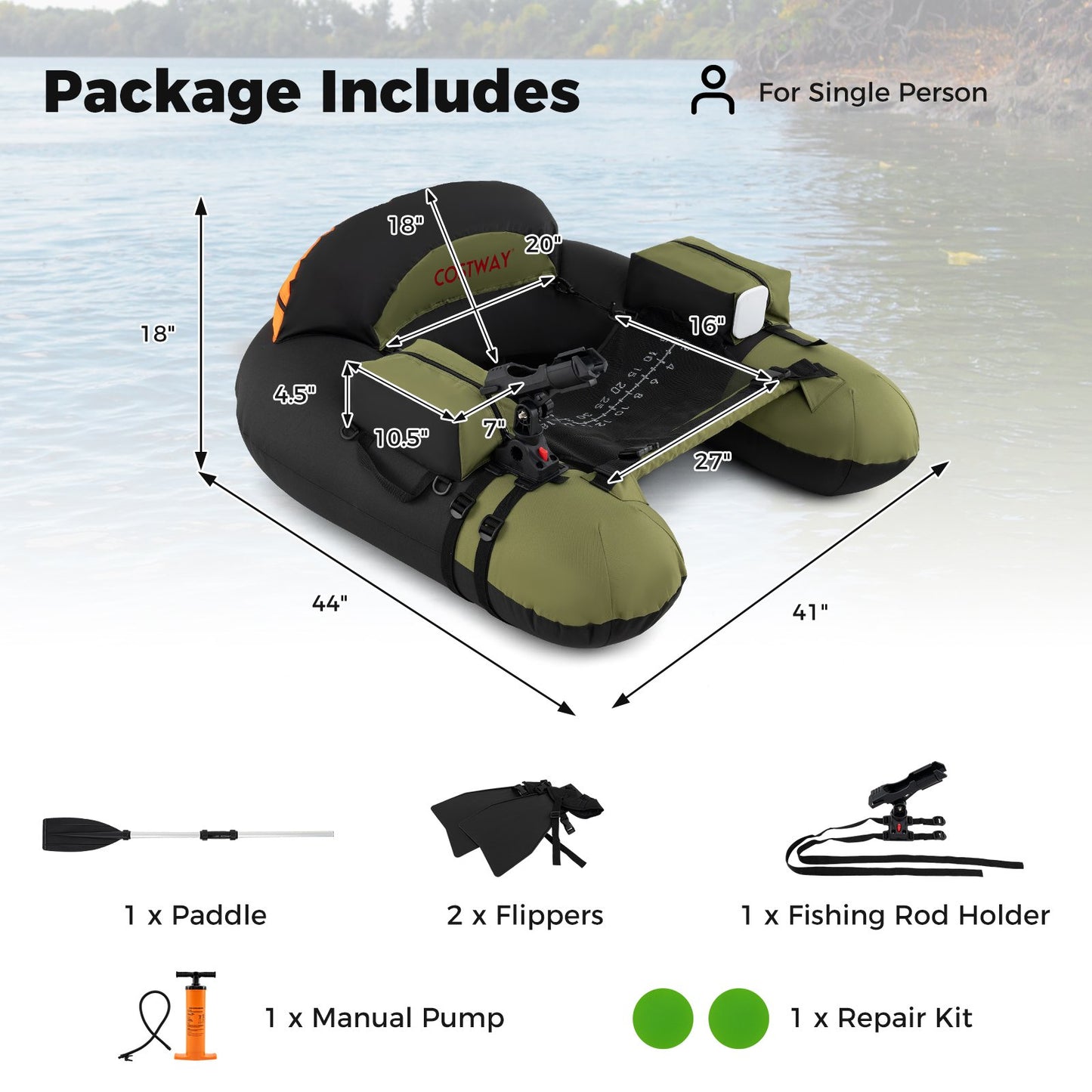 Inflatable Float Tube with Adjustable Fishing Rod Holder and Fish Hook Stator, Green Water Sports at Gallery Canada