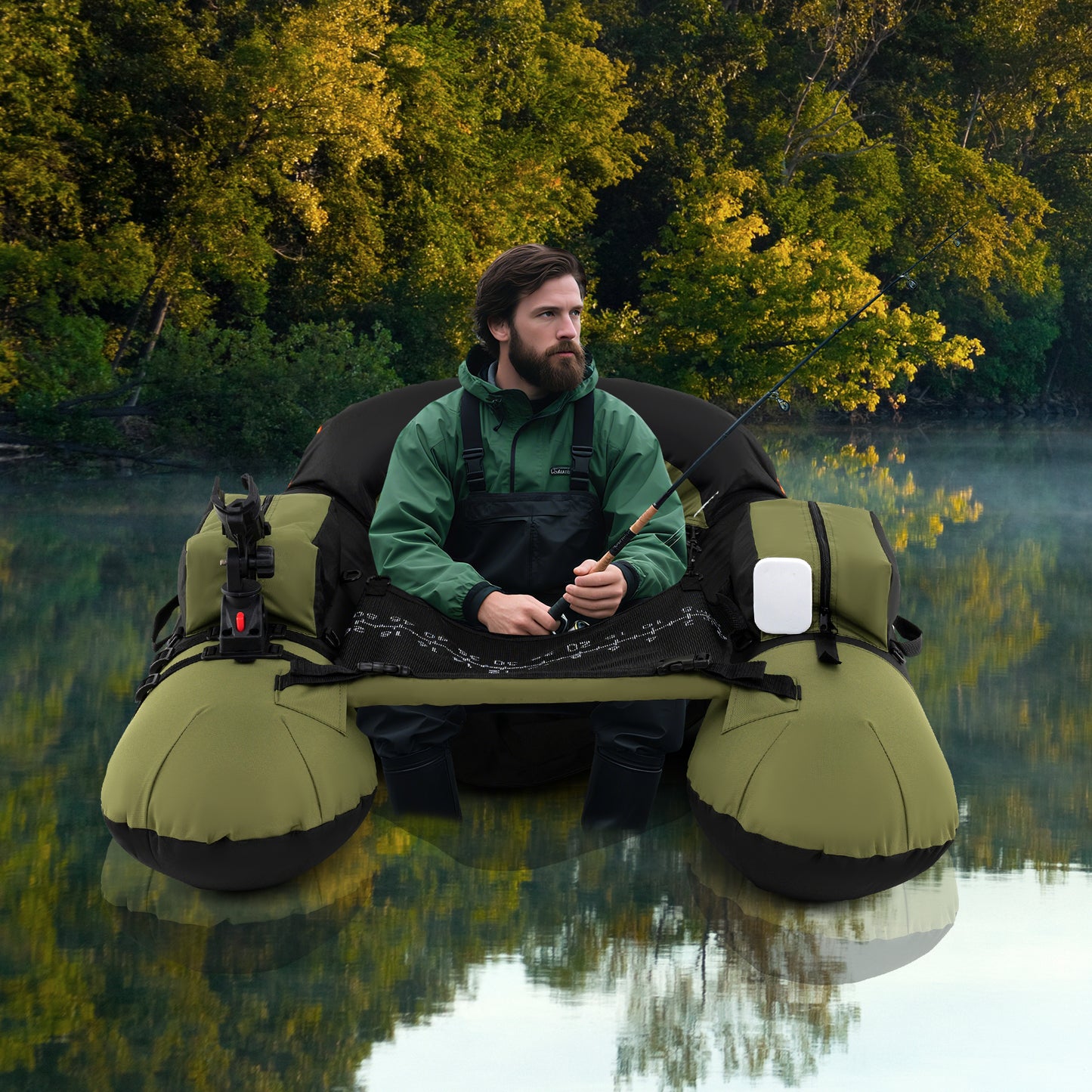 Inflatable Float Tube with Adjustable Fishing Rod Holder and Fish Hook Stator, Green Water Sports at Gallery Canada