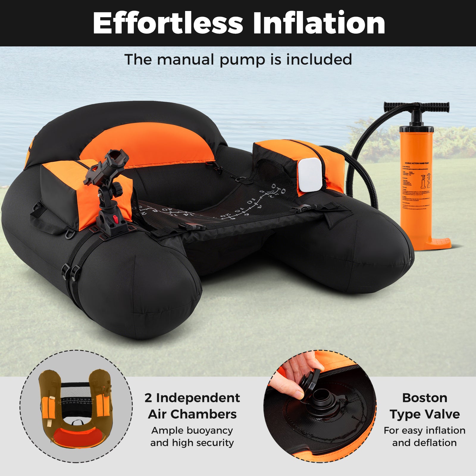 Inflatable Float Tube with Adjustable Fishing Rod Holder and Fish Hook Stator, Orange Water Sports at Gallery Canada