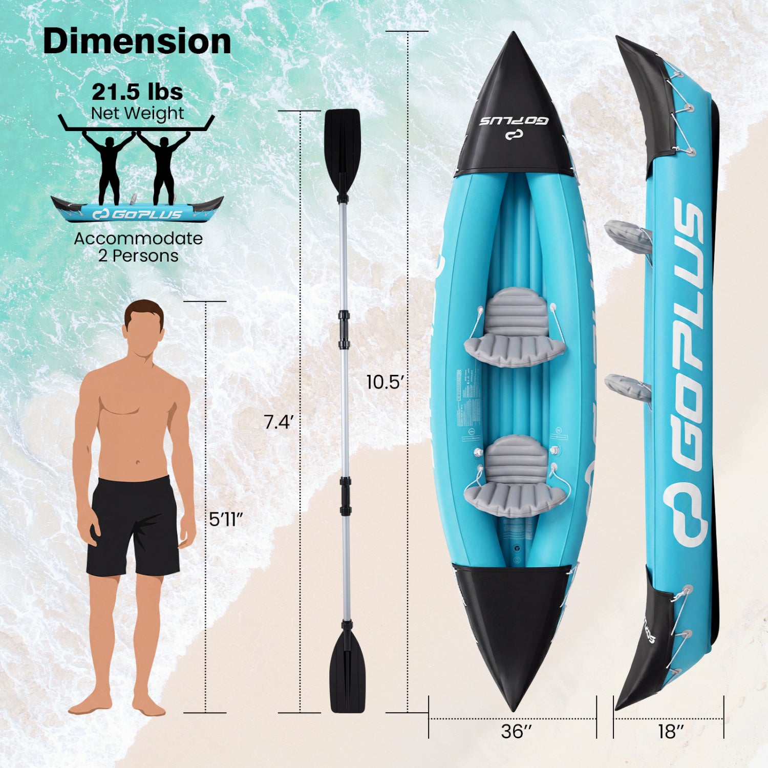 Inflatable Kayak 2 Person Heavy Duty Tandem Touring Kayak with Aluminum Paddles, Blue Water Sports at Gallery Canada