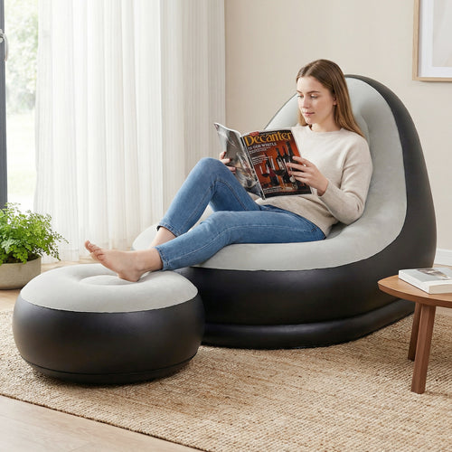 Inflatable Lounge Sofa with Ottoman Portable Air Sofa for Adults with Flocked Surface-Grey, Gray