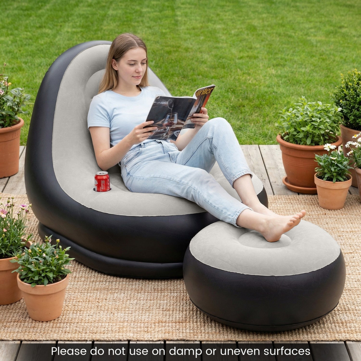Inflatable Lounge Sofa with Ottoman Portable Air Sofa for Adults with Flocked Surface-Grey, Gray Outdoor Seating & Patio Chairs at Gallery Canada