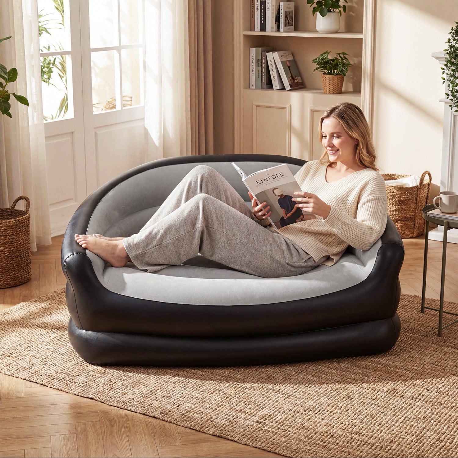 Inflatable Loveseat Couch Portable and Foldable 2-Seater Air Sofa for Adults with Flocked Surface-Grey, Gray Outdoor Seating & Patio Chairs at Gallery Canada