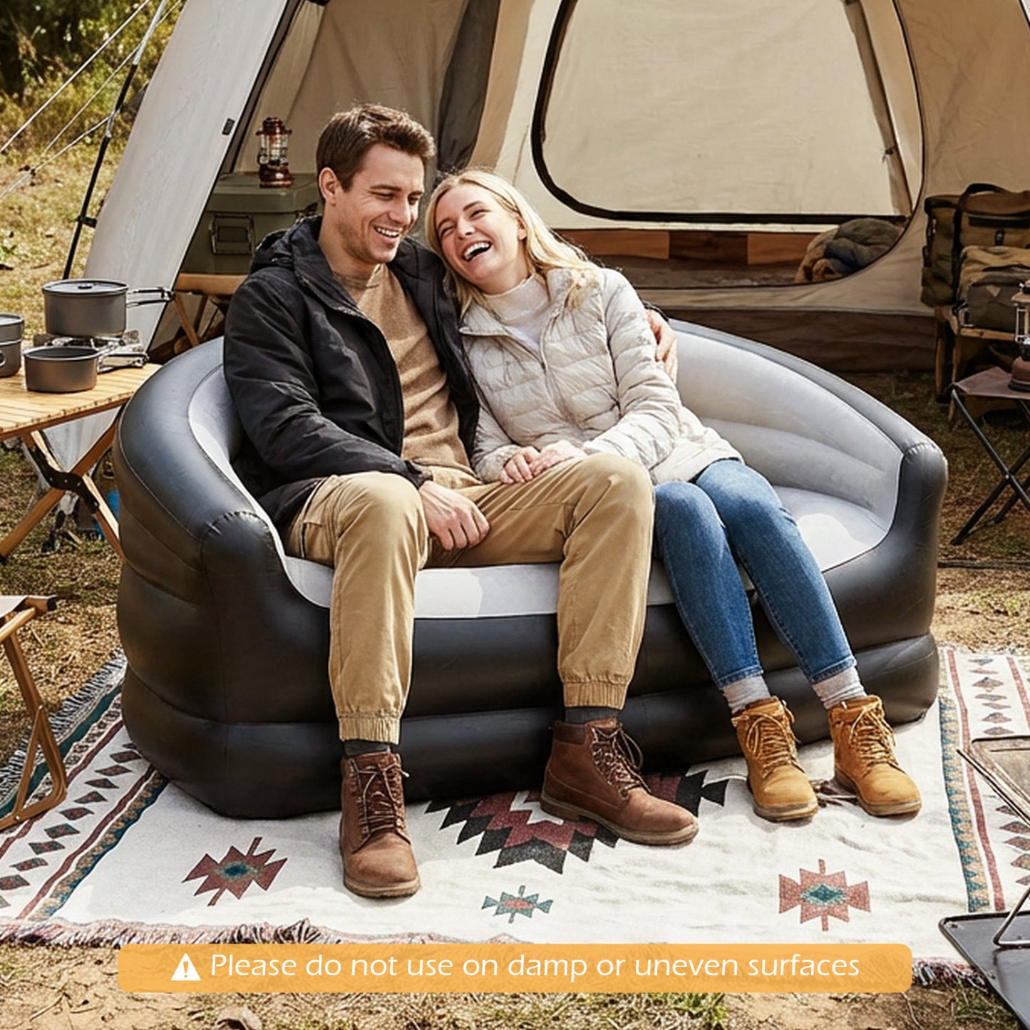 Inflatable Loveseat Couch Portable and Foldable 2-Seater Air Sofa for Adults with Flocked Surface-Grey, Gray Outdoor Seating & Patio Chairs at Gallery Canada