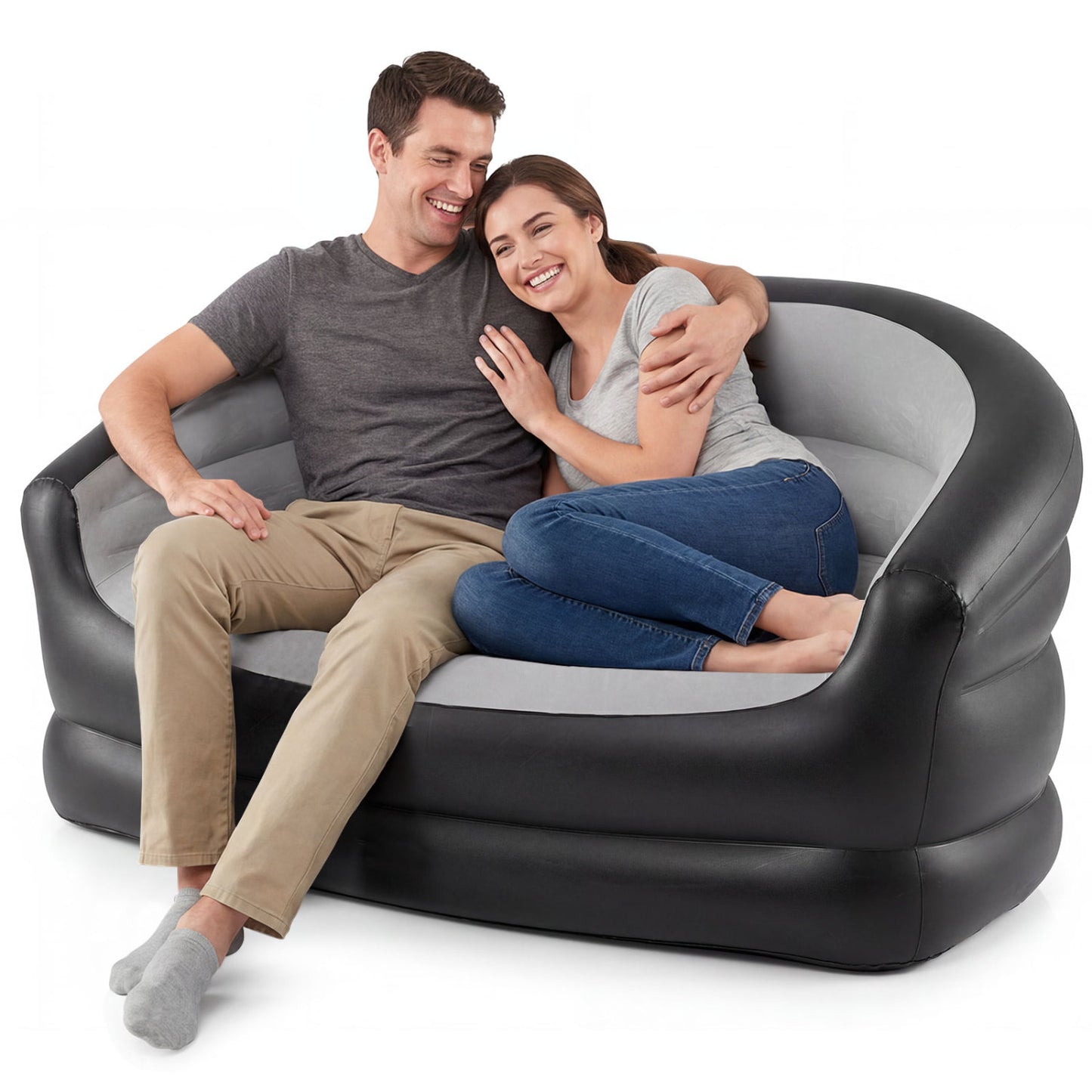 Inflatable Loveseat Couch Portable and Foldable 2-Seater Air Sofa for Adults with Flocked Surface-Grey, Gray Outdoor Seating & Patio Chairs at Gallery Canada