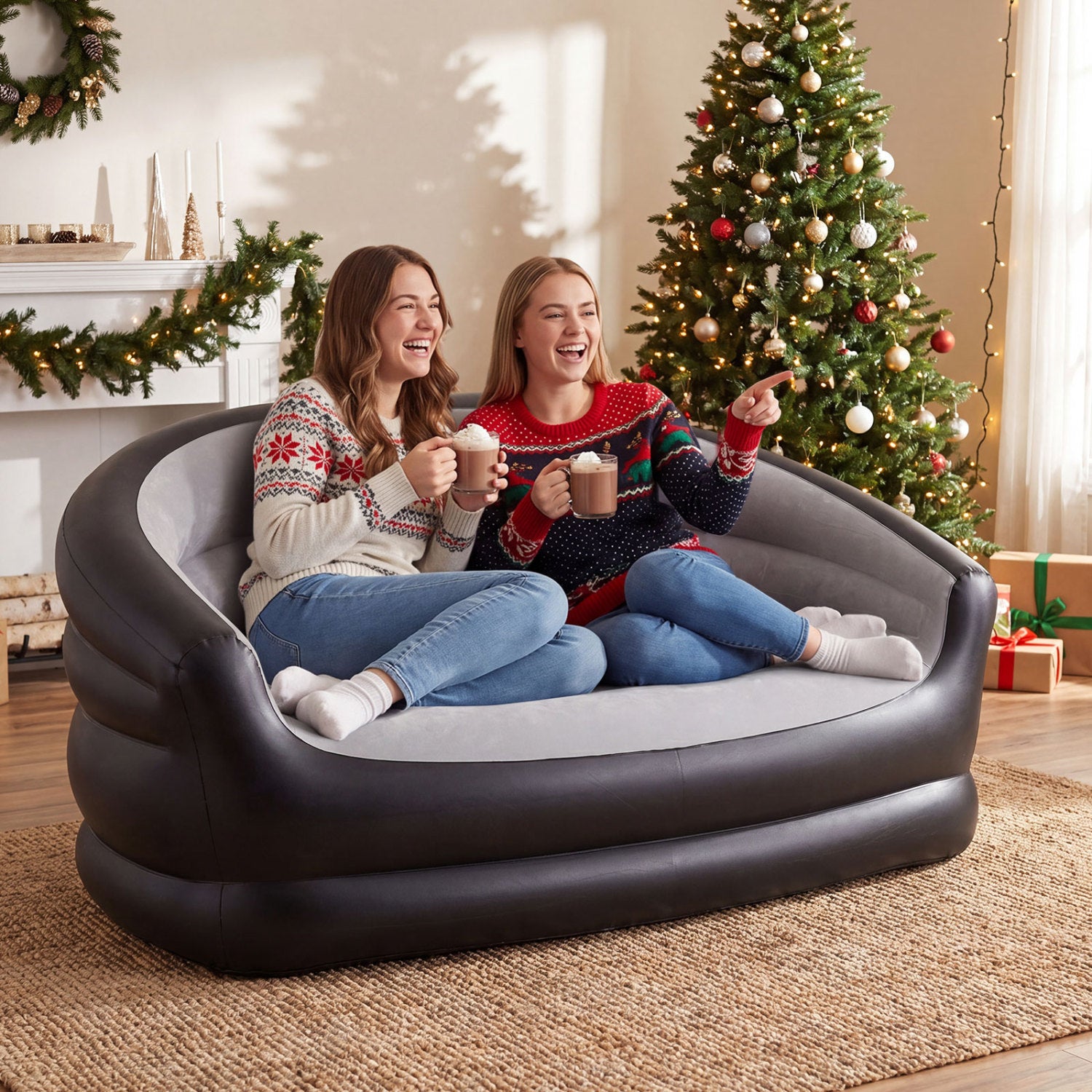 Inflatable Loveseat Couch Portable and Foldable 2-Seater Air Sofa for Adults with Flocked Surface-Grey, Gray Outdoor Seating & Patio Chairs at Gallery Canada
