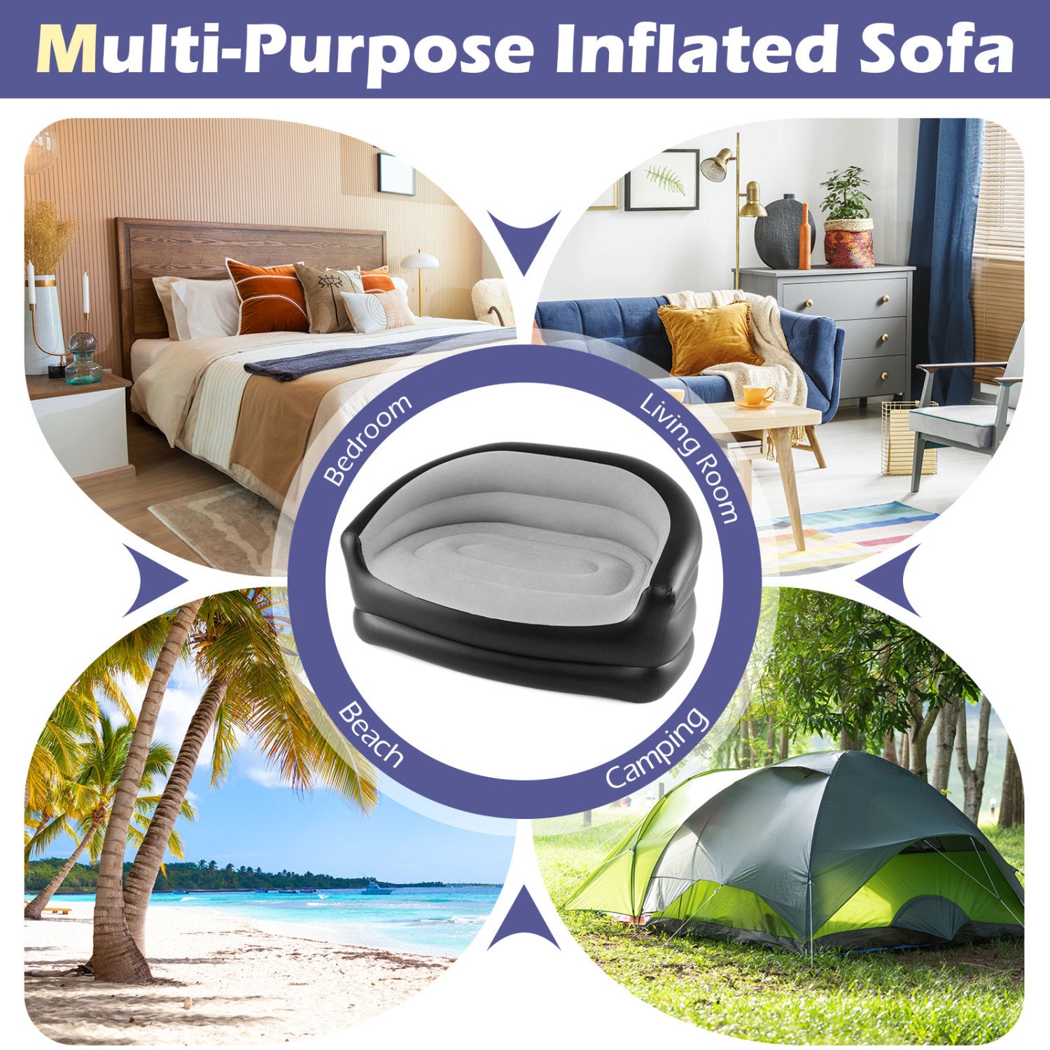 Inflatable Loveseat Couch Portable and Foldable 2-Seater Air Sofa for Adults with Flocked Surface-Grey, Gray Outdoor Seating & Patio Chairs at Gallery Canada