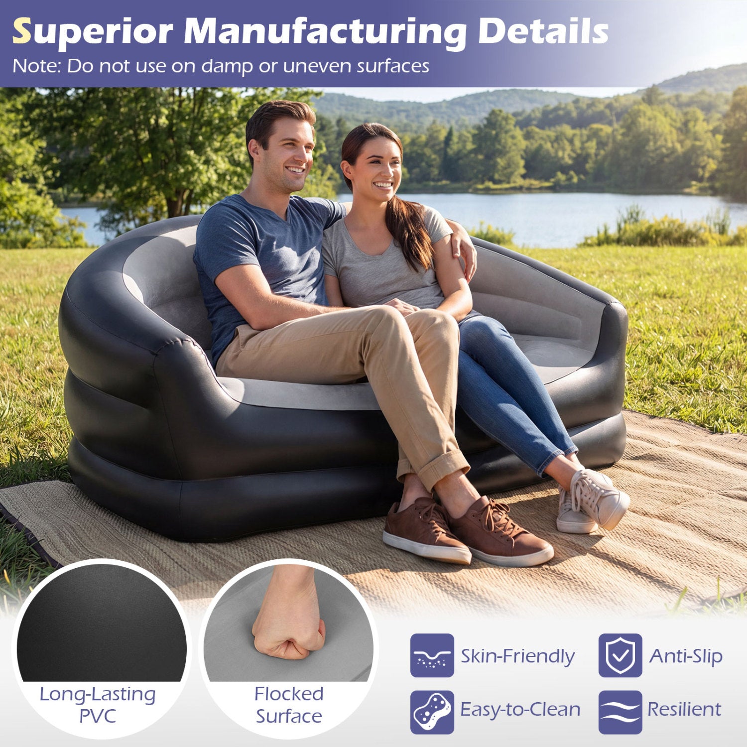 Inflatable Loveseat Couch Portable and Foldable 2-Seater Air Sofa for Adults with Flocked Surface-Grey, Gray Outdoor Seating & Patio Chairs at Gallery Canada