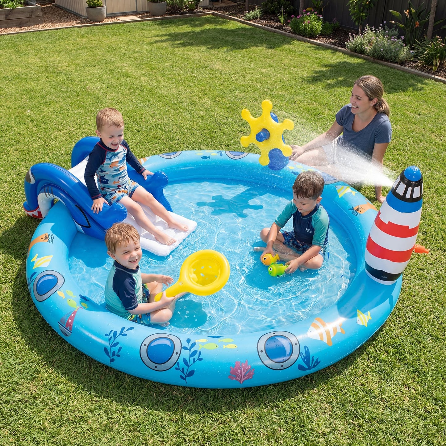 Inflatable Play Center, Marine Life Spray Pool, Shark Slide, Lighthouse Sprinkle Inflatable Water Slides at Gallery Canada