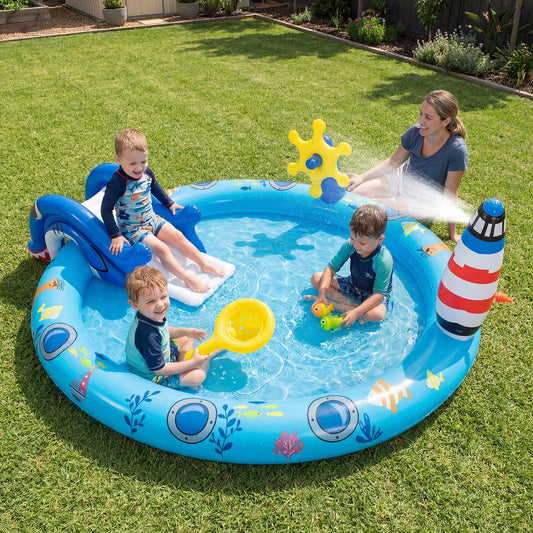 Inflatable Play Center, Marine Life Spray Pool, Shark Slide, Lighthouse Sprinkle Inflatable Water Slides Multi-colored at Gallery Canada