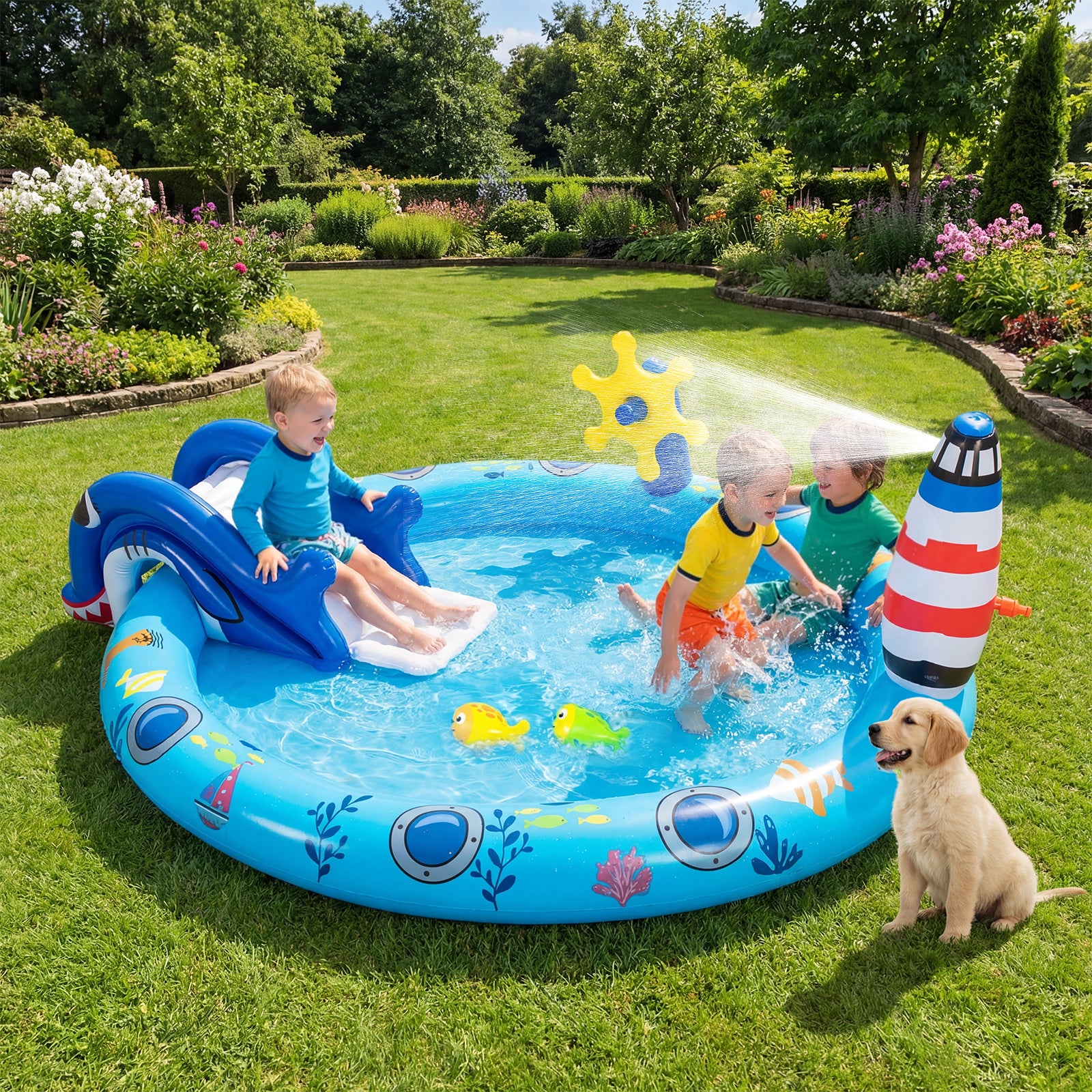 Inflatable Play Center, Marine Life Spray Pool, Shark Slide, Lighthouse Sprinkle Inflatable Water Slides at Gallery Canada