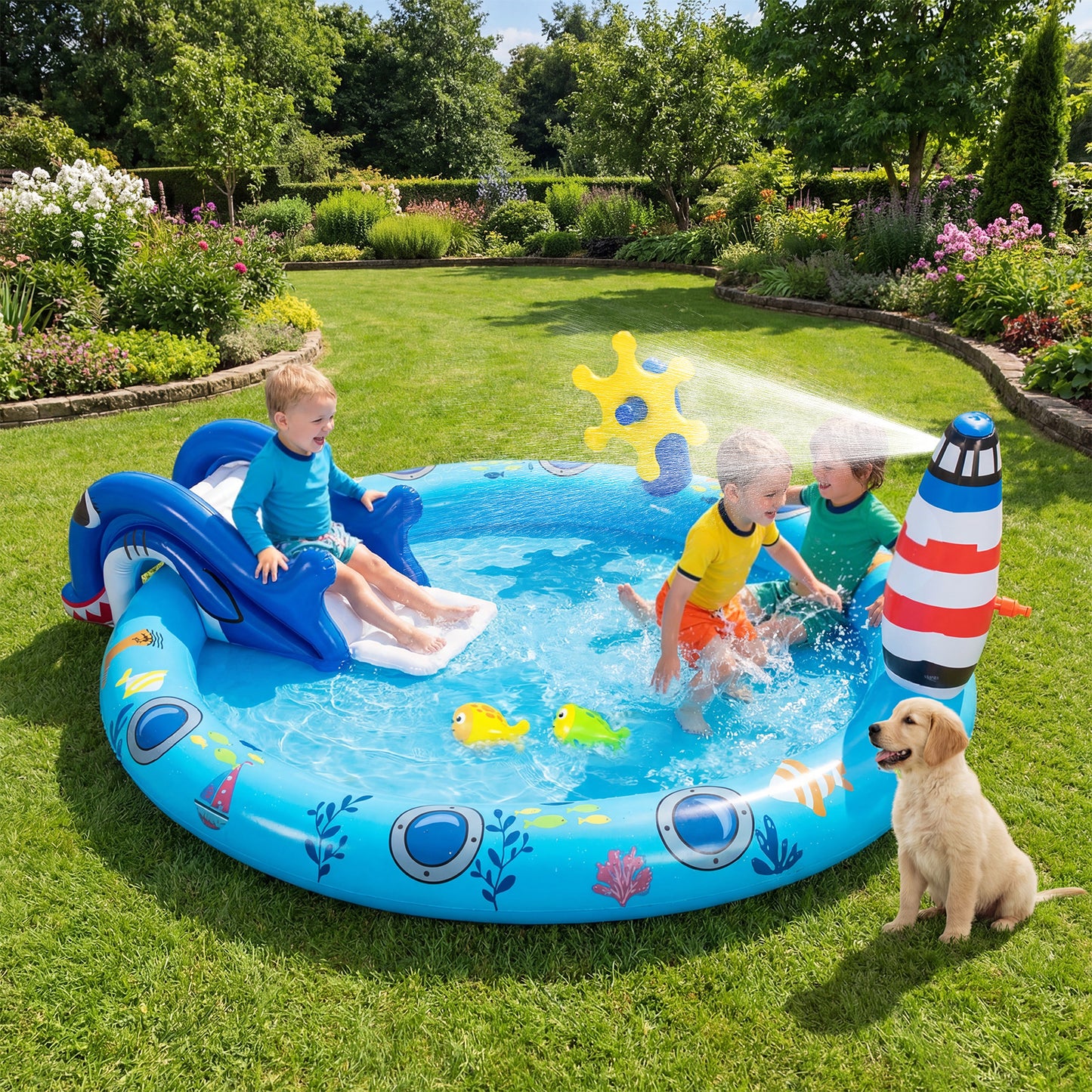 Inflatable Play Center, Marine Life Spray Pool, Shark Slide, Lighthouse Sprinkle Inflatable Water Slides at Gallery Canada