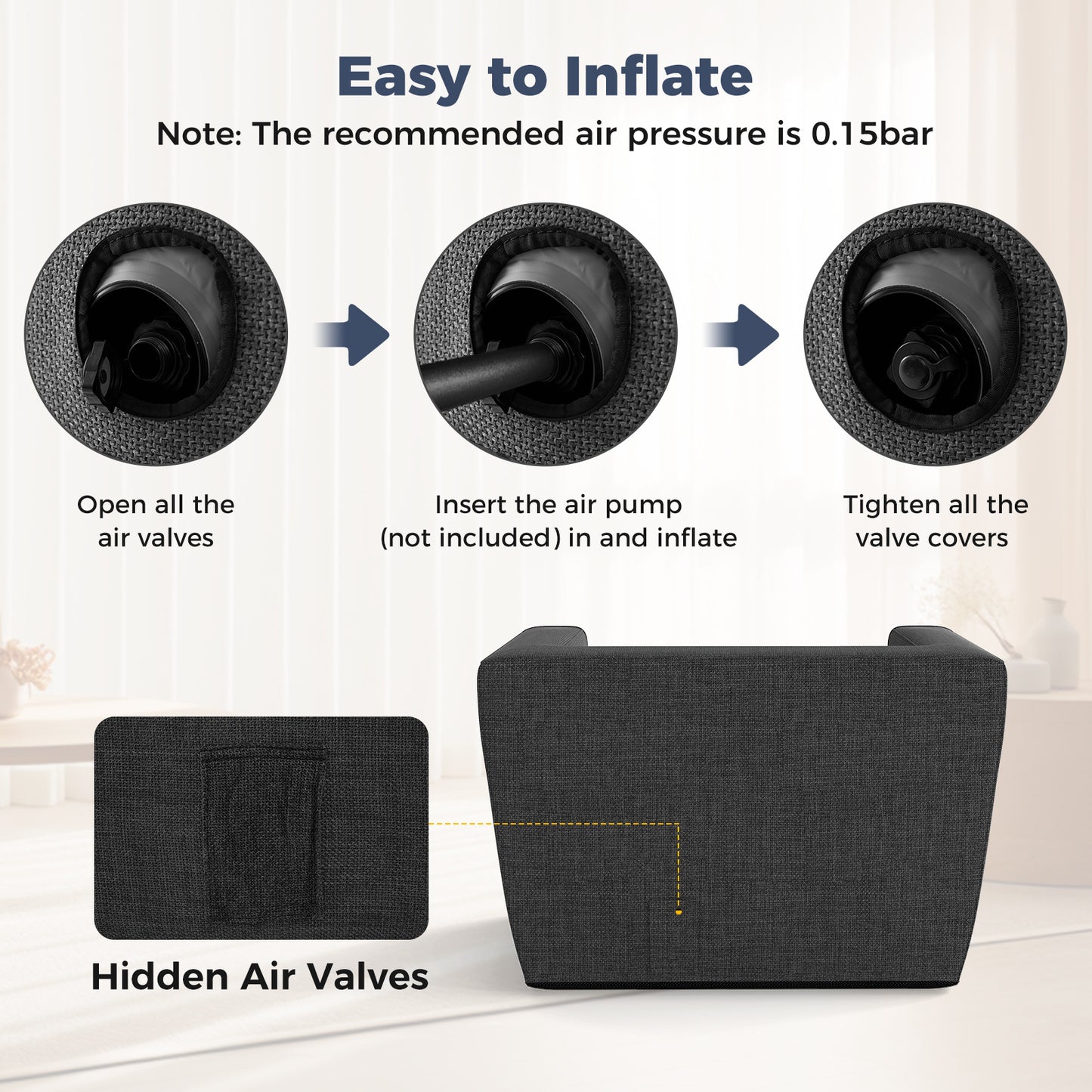 Inflatable Sofa with Detachable Cover and Wide Armrests, Gray