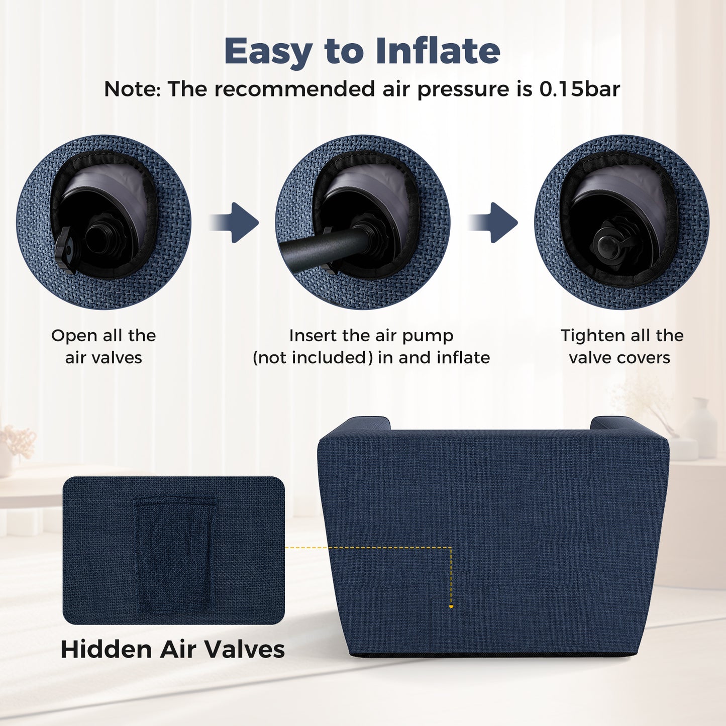 Inflatable Sofa with Detachable Cover and Wide Armrests, Blue