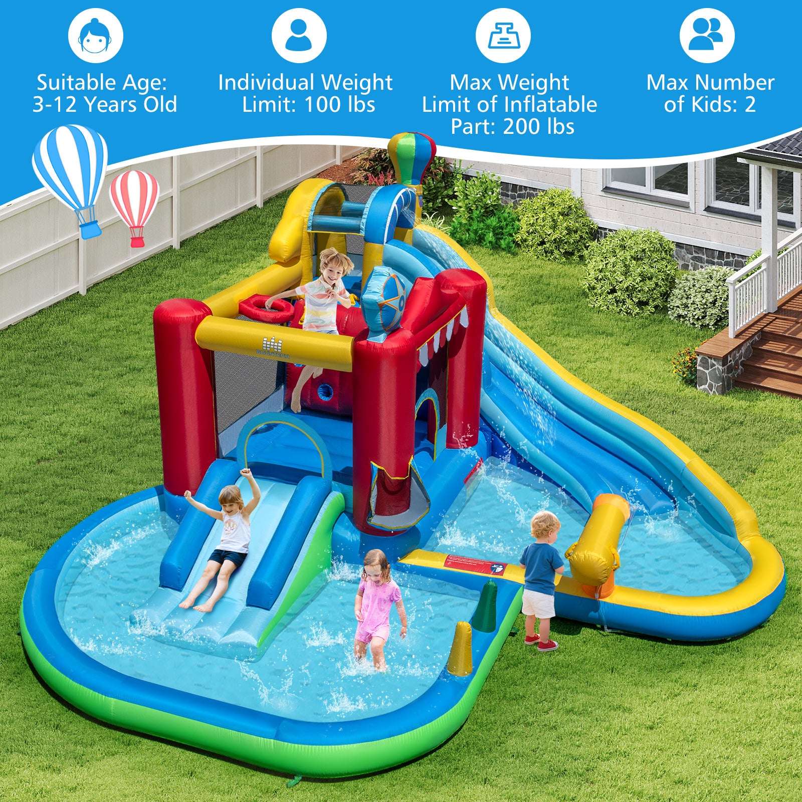 Inflatable Water Park with Splash Pool and Water Cannon for Birthday Party Without Blower, Multicolor Inflatable Water Slides at Gallery Canada