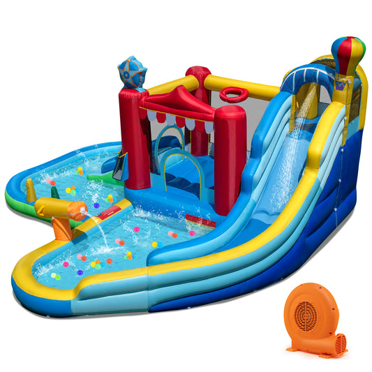 Inflatable Water Park with Splash Pool  50 Ocean Balls and 750W Blower, Multicolor