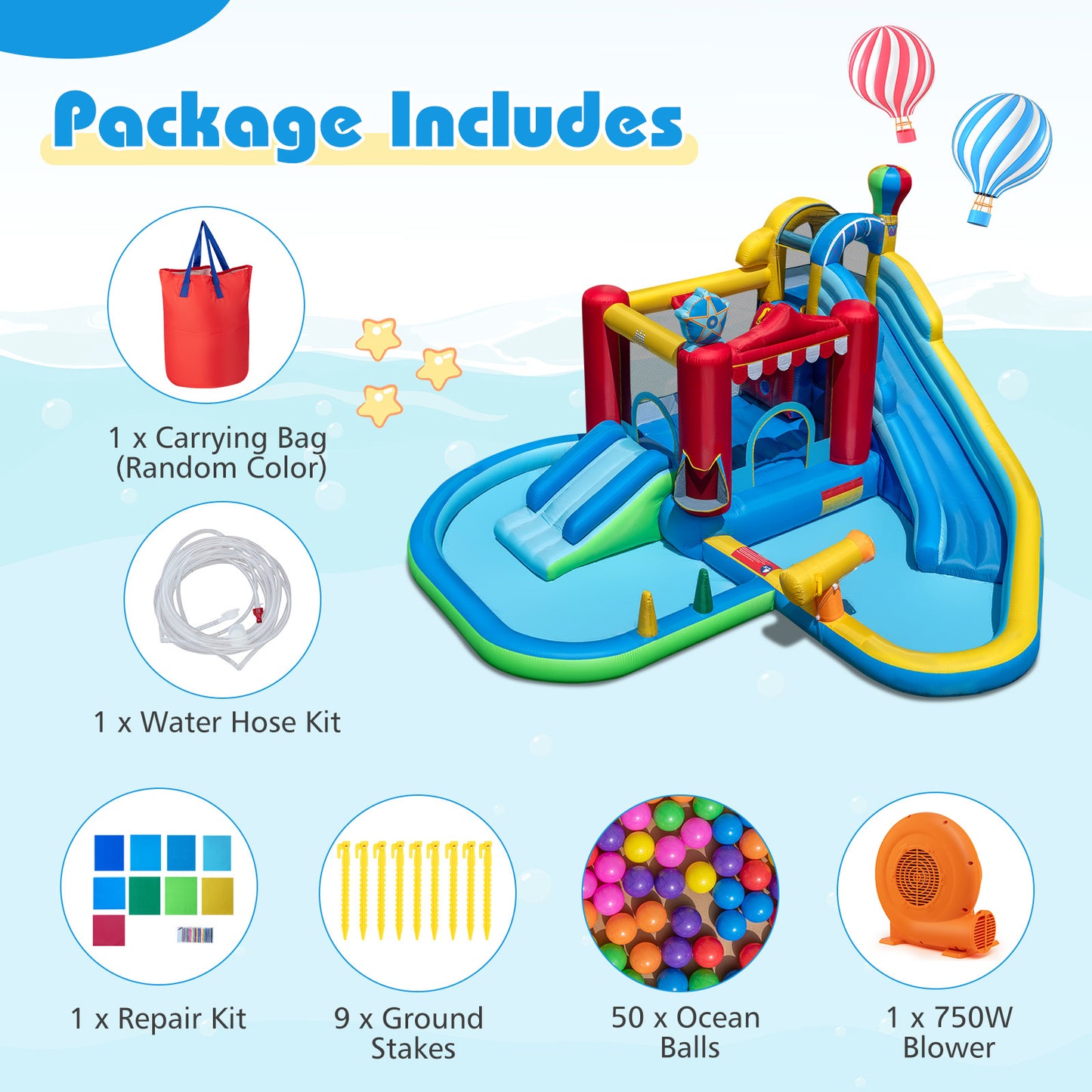 Inflatable Water Park with Splash Pool  50 Ocean Balls and 750W Blower, Multicolor