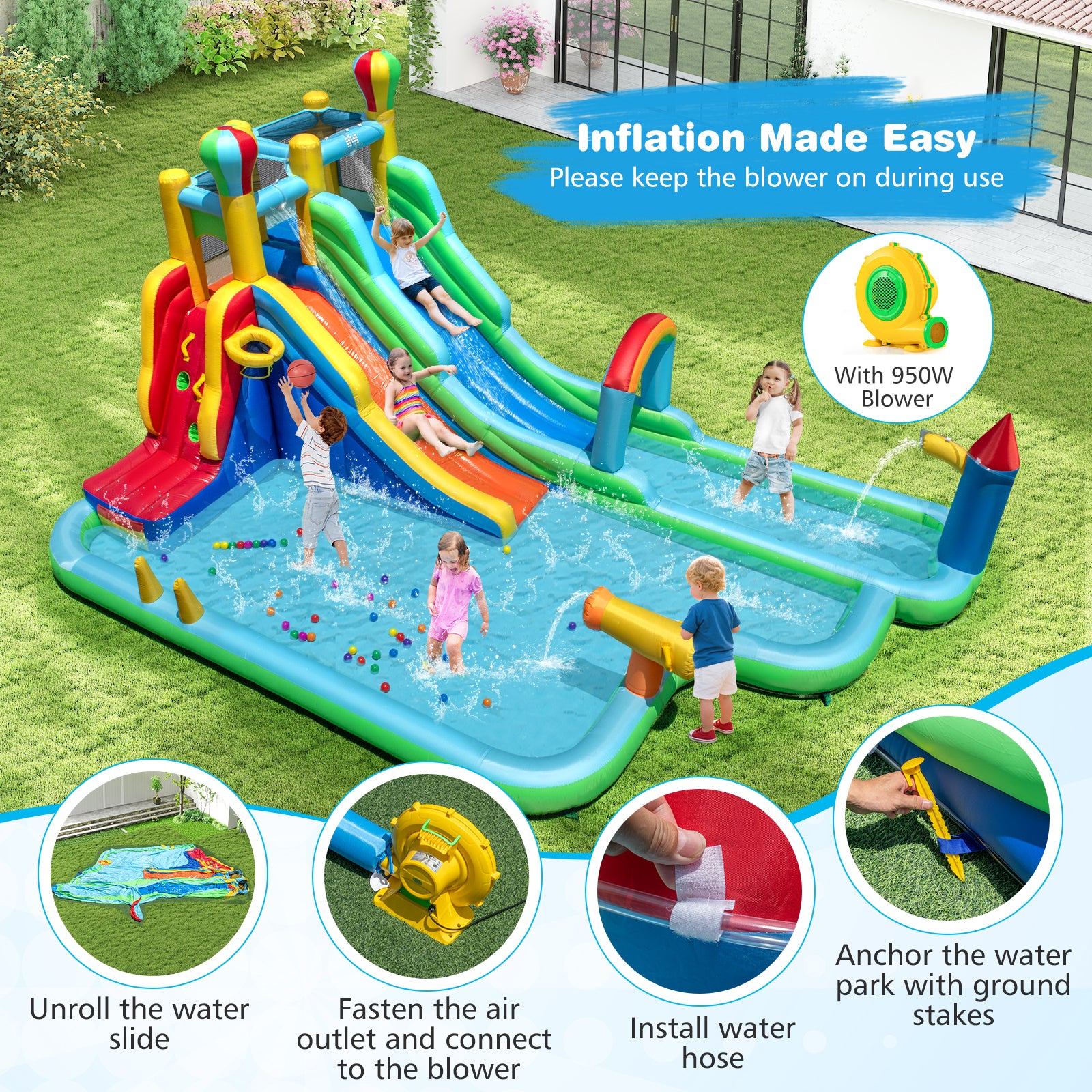 Inflatable Water Slide Park Giant Bounce House with 950W Blower, Blue Inflatable Water Slides at Gallery Canada