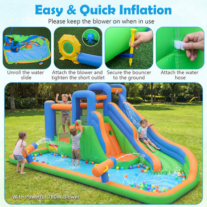 Inflatable Water Slide Park, Splash Pool, 780W Blower