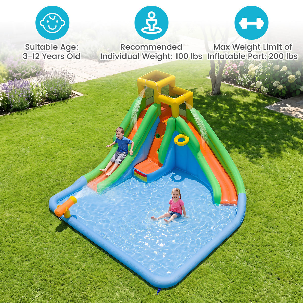 Inflatable Water Slide for Kids, Double Slides, 680W Blower