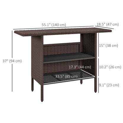 Outdoor Rattan Bar Table, 55.1" x 18.5" x 37", 2 Storage Shelves, Brown Bistro Sets at Gallery Canada