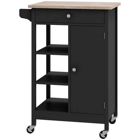 Modern Rolling Kitchen Island Cart with Drawer, Natural Wood Top, Towel Rack, Door Storage Cabinet, Black - Gallery Canada