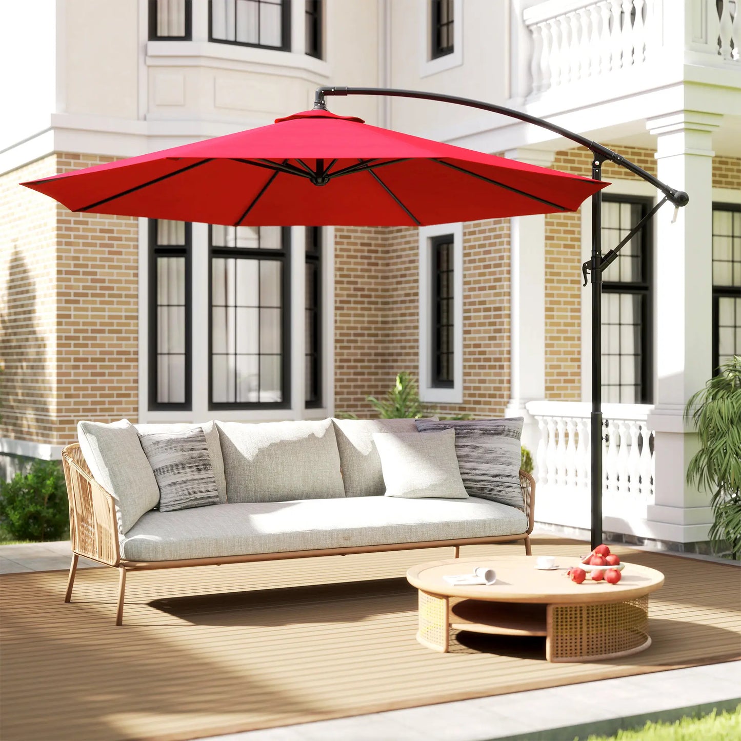 9.7ft Offset Patio Umbrella, Crank Handle, 8 Ribs, Cross Base, Wine Red Offset Cantilever Umbrellas at Gallery Canada