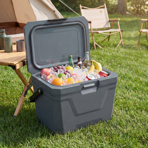 Insulated Portable Cooler, Hard Shell Ice Chest, 2 Cup Holders, Gray