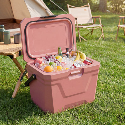 Insulated Portable Cooler, Hard Shell Ice Chest, 2 Cup Holders, Pink