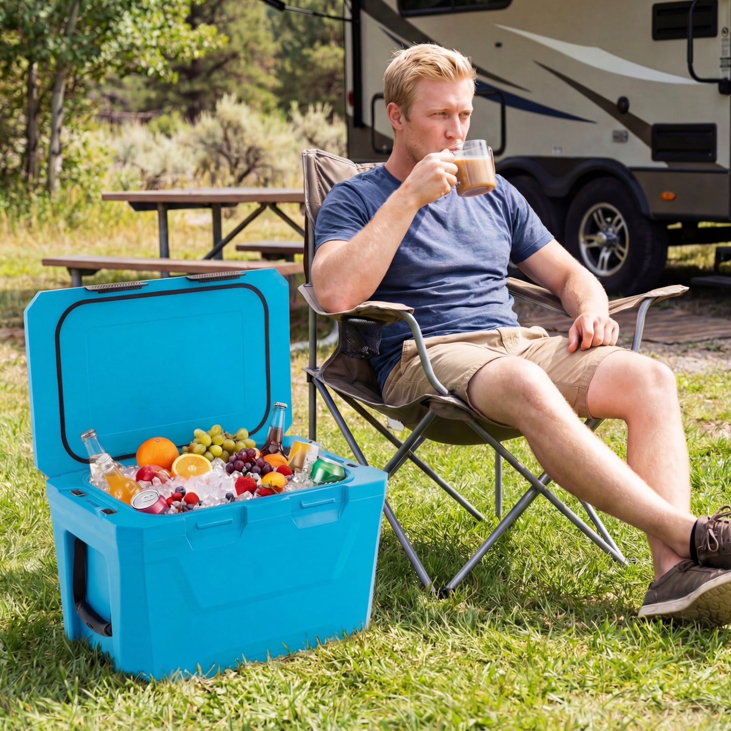 Insulated Hard Shell Cooler, Ice Chest with 2 Cup Holders, Blue Coolers at Gallery Canada