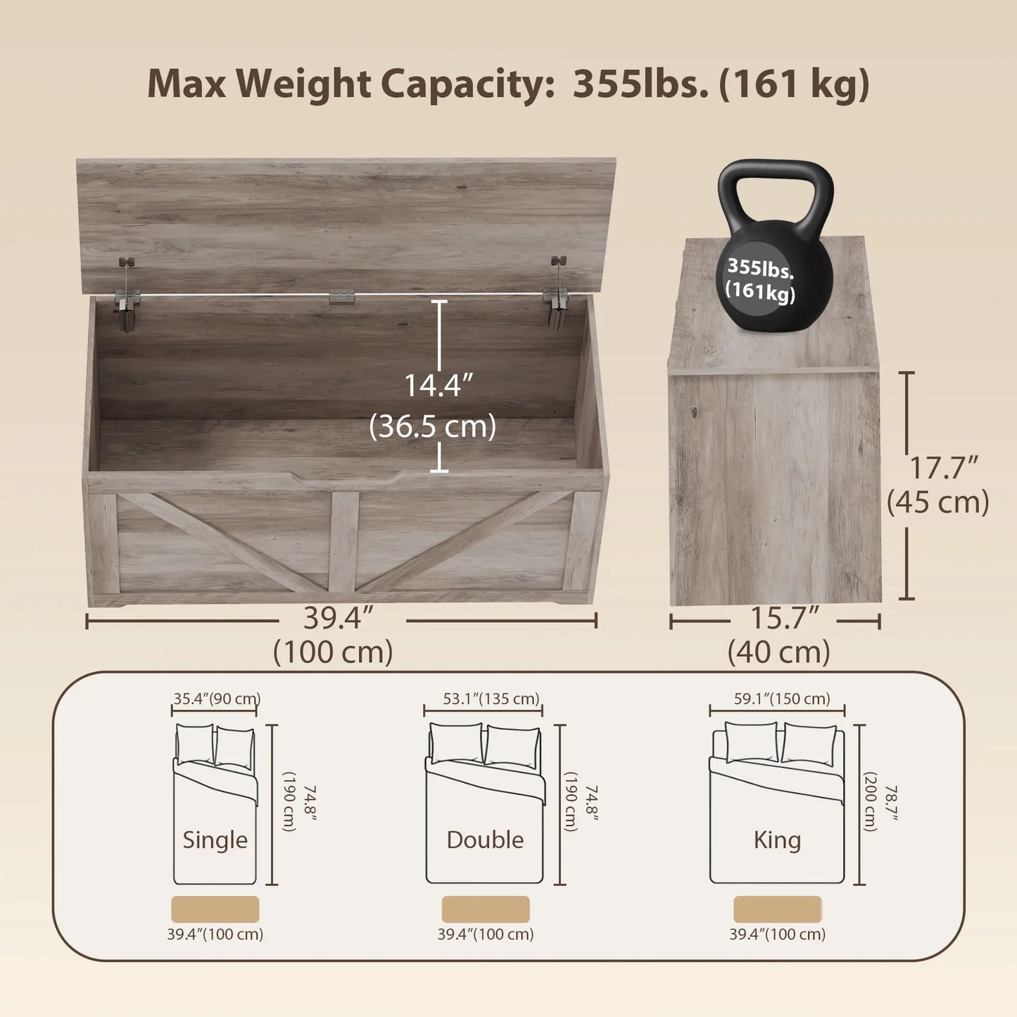 Storage Chest with Safety Hinges, Grey Wood Grain, 39.4 Inches, Grey