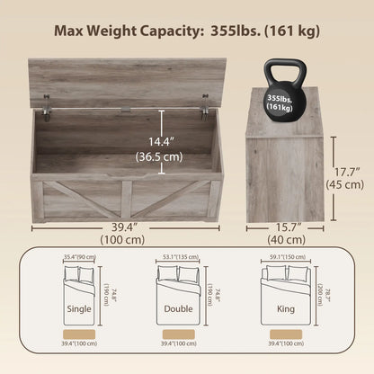 Storage Chest with Safety Hinges, Grey Wood Grain, 39.4 Inches, Grey