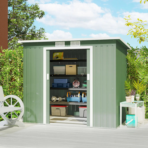 7' x 4' Galvanised Steel Garden Shed, Foundation Kit, Green